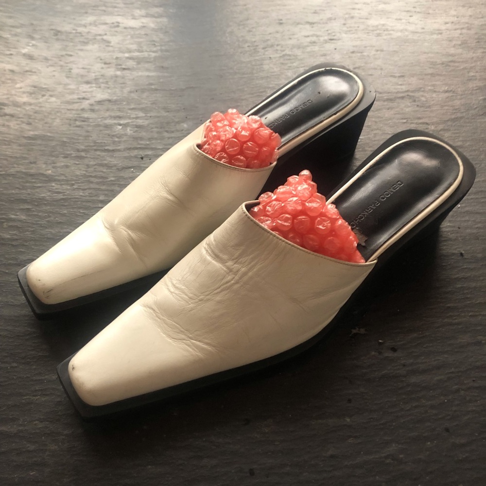 [DEMOO] White Leather Square toe Heel Mule shoes